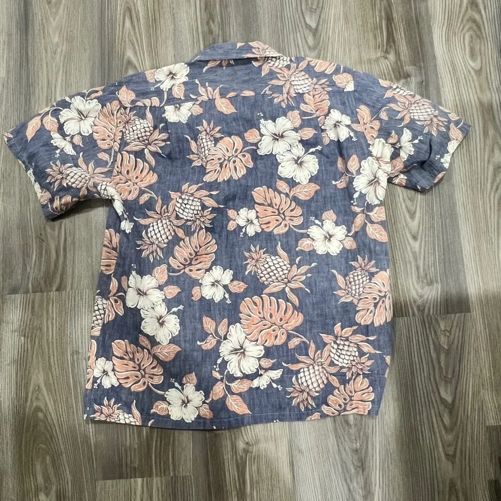 Hawaii Hang Ten Mens Blue Tropical Pineapple Hibiscus Button Down Shirt Medium